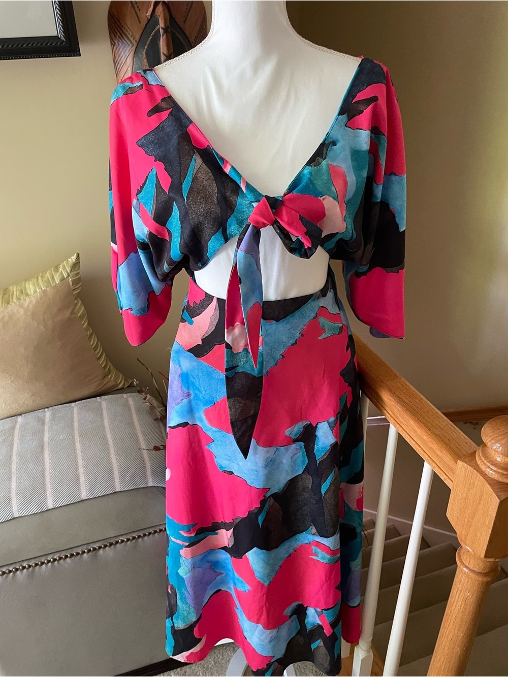 MULLA-EUC-Abstract Pink & Blue Tie-Front Midi Dress